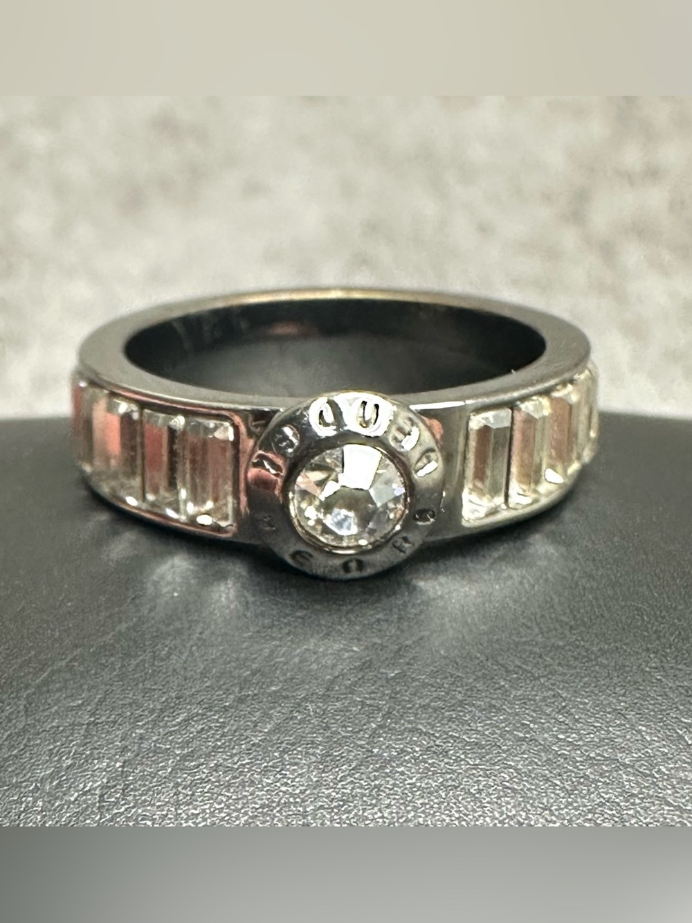 Henry Bendel Crystal Baguette Ring Size 7 Silver Tone Statement Ring
